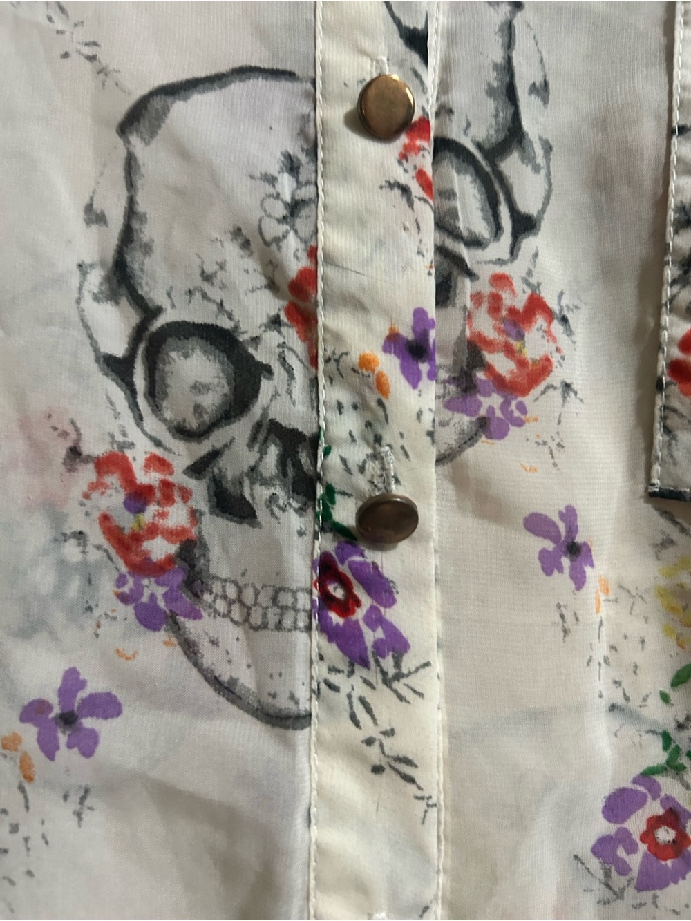 36 point 5 Floral Skull Print Button-Up sheer Blouse - Picture 3 of 4